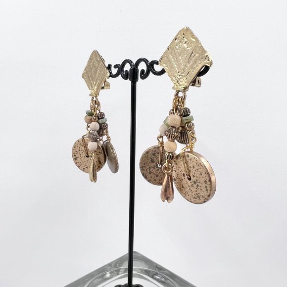 NWOT - Artisan BOHO Gold Tone Textured Dangle Clip-On Earrings - Picture 3 of 7
